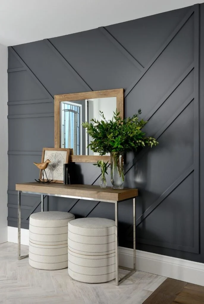 Custom slat wood accent wall and architectural trim